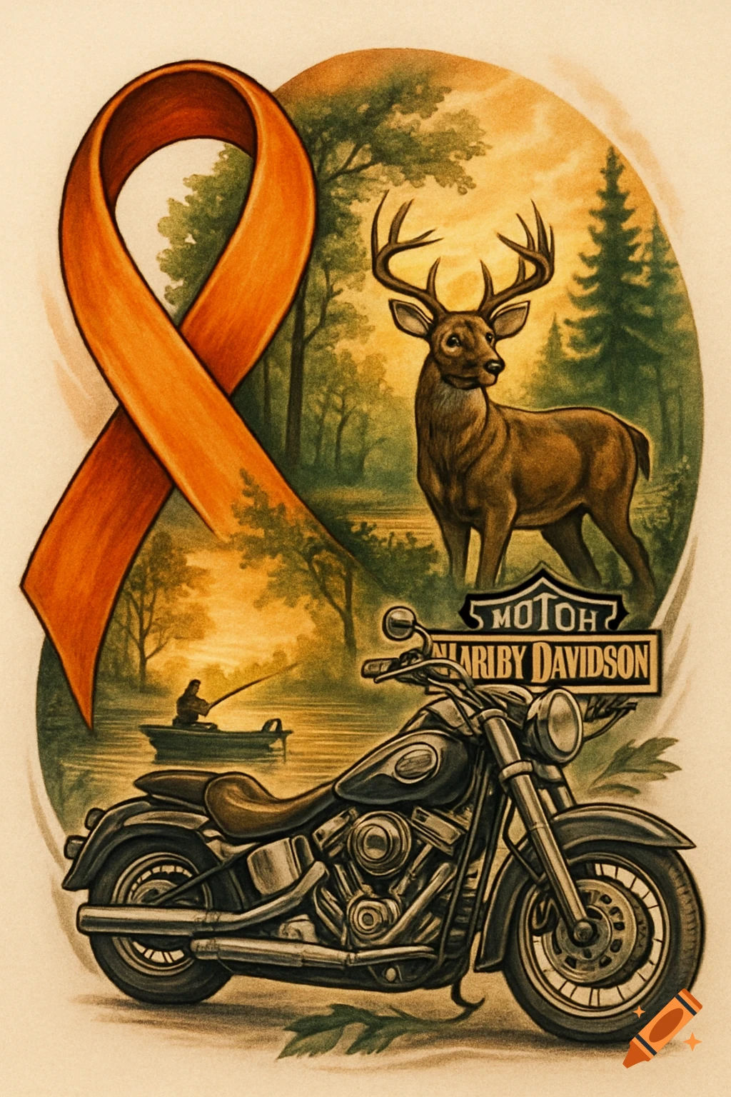 An illustration with an orange awareness ribbon, a deer in a forest, a fisherman in a boat, and a black Harley Davidson motorcycle with a stylized logo.