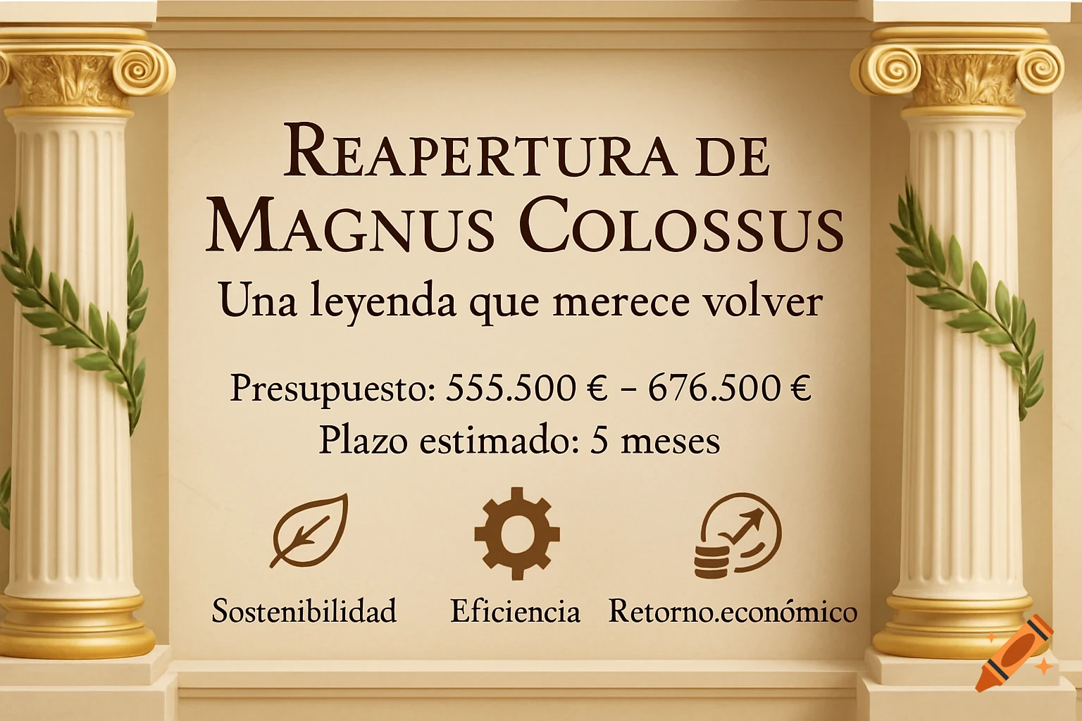 A professional slide with Roman columns and laurel, presenting information about the reopening of 'Magnus Colossus' roller coaster.