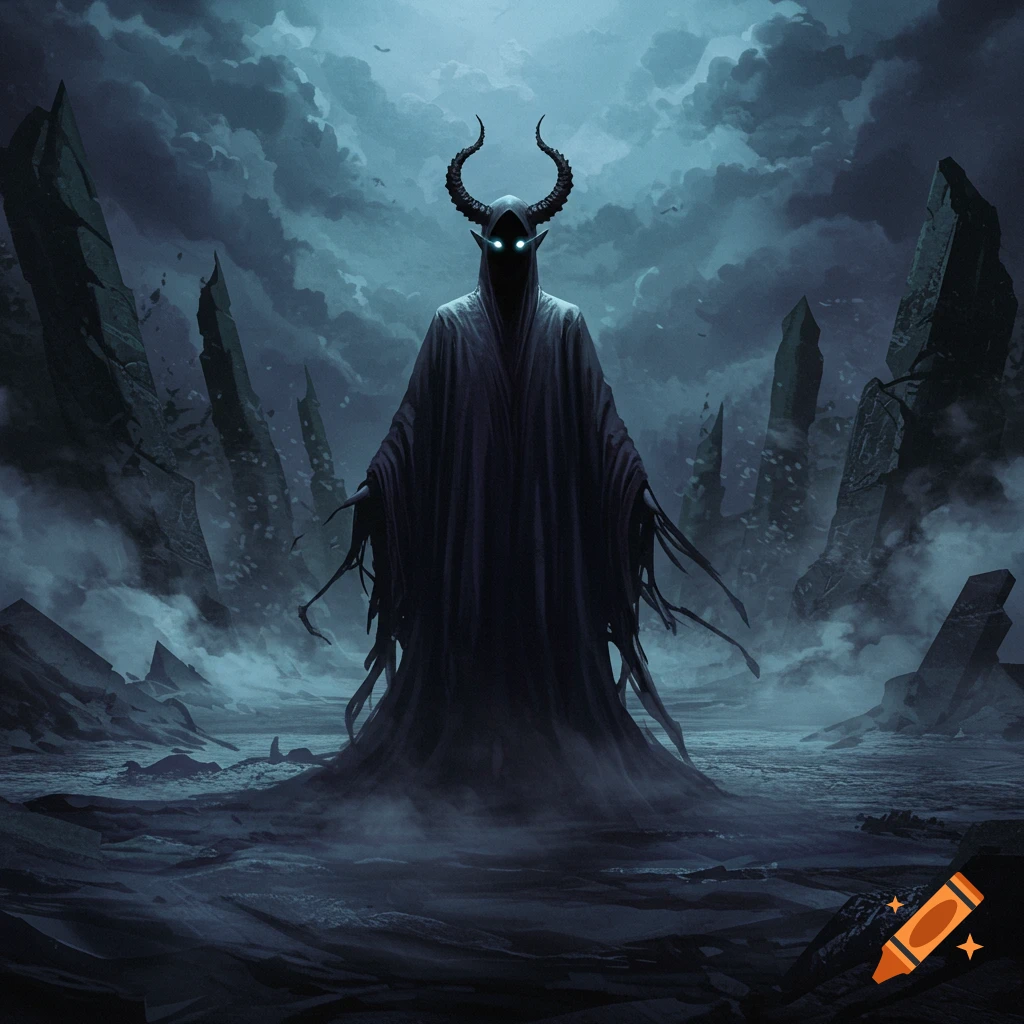 A dark, horned figure with glowing eyes stands cloaked in a desolate ...
