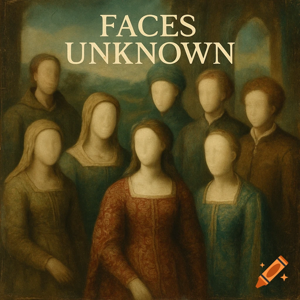 A dark, stylized Renaissance-era group portrait with blank faces and the text 'FACES UNKNOWN' at the top.