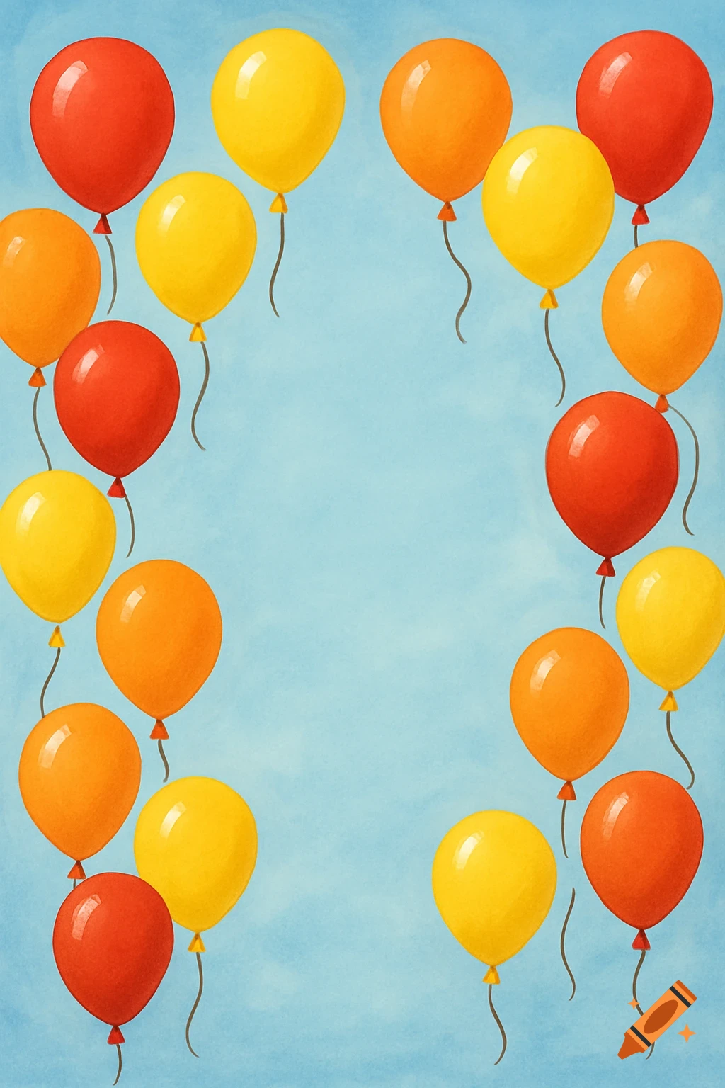 A light blue background framed by red, yellow, and orange balloons, rendered in a watercolor illustration style.