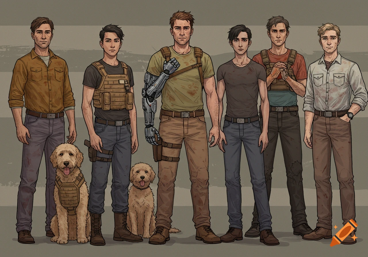 A 2D hand-drawn illustration featuring six diverse men and two golden doodles in survival gear, one man has a robotic arm.