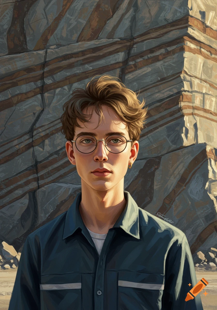 A portrait of a young man with glasses and a gold earring, with wavy dark blonde hair, standing before a stratified rock wall.