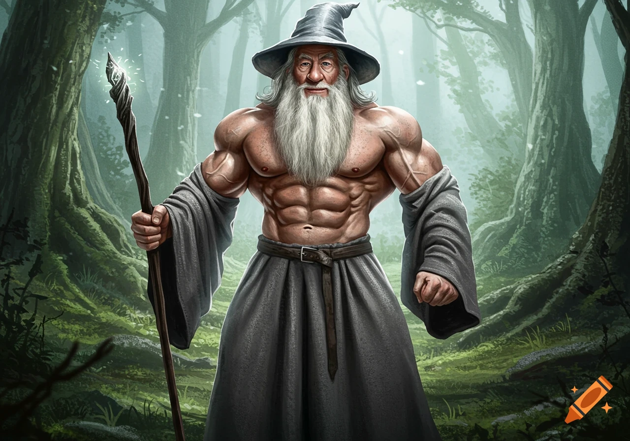 Muscular wizard Gandalf with a white beard and staff stands in a misty forest.