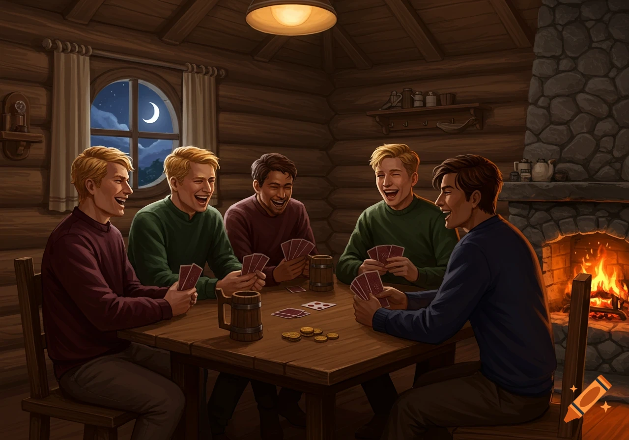 Five laughing men play cards at a wooden table in a cozy log cabin with a fireplace and a moonlit window.