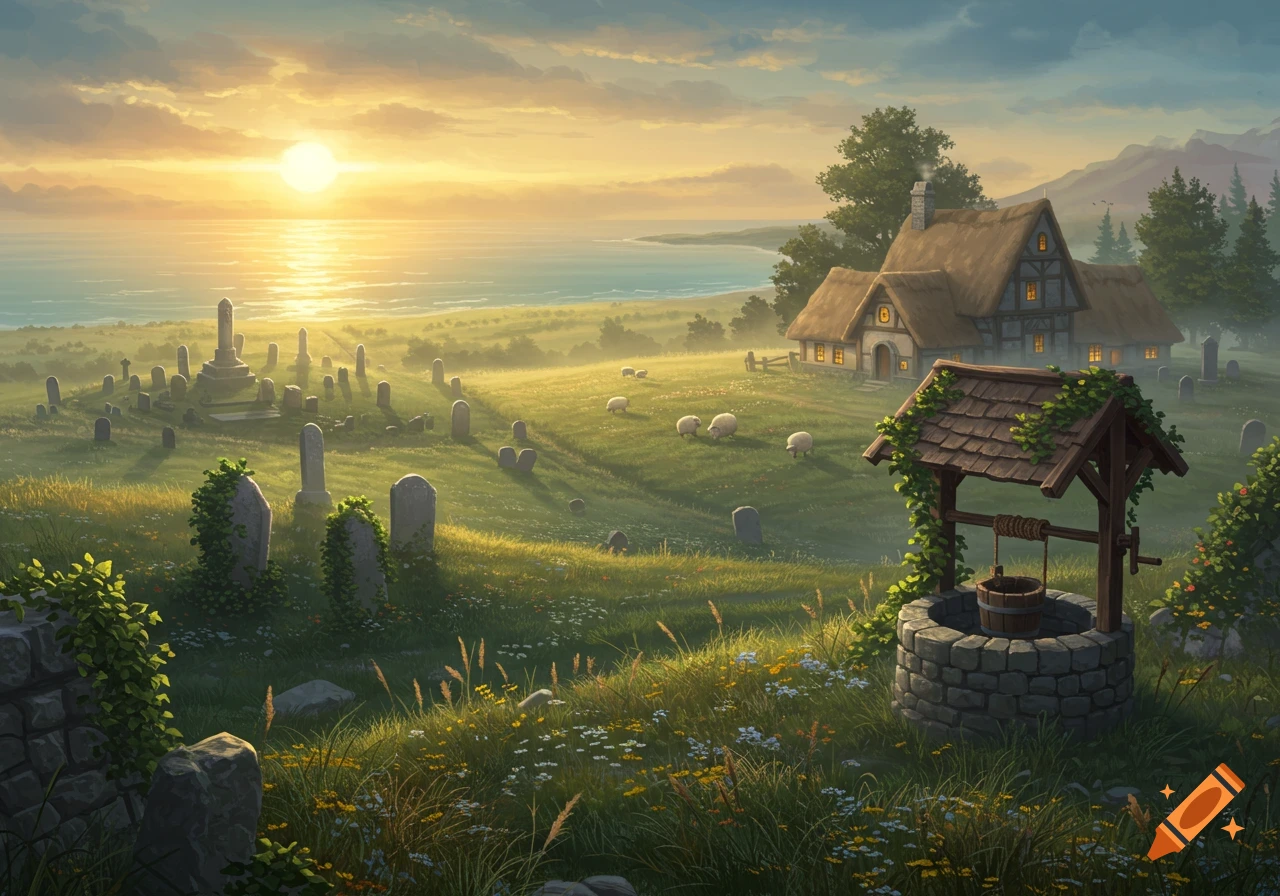 Fantasy painting of a cemetery and a cottage on a grassy hill by the sea at sunset, with a well in the foreground.