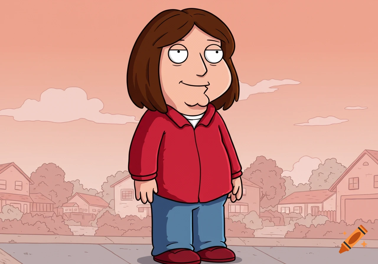 A cartoon boy with long brown hair, wearing a red jacket, blue pants, and dark red shoes, in the distinctive Family Guy style, standing in a suburban neighborhood.