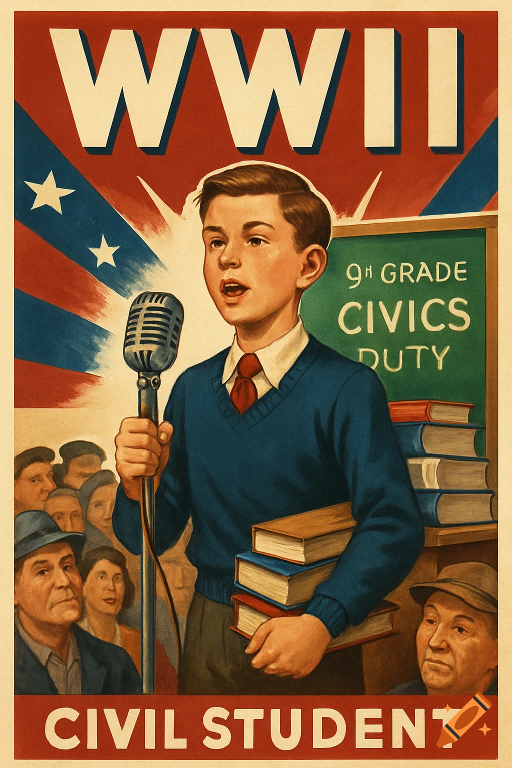 A vintage propaganda poster shows a young boy speaking into a microphone, a chalkboard reads '9TH GRADE CIVICS DUTY', with 'WWII' and 'CIVIL STUDENT' text.