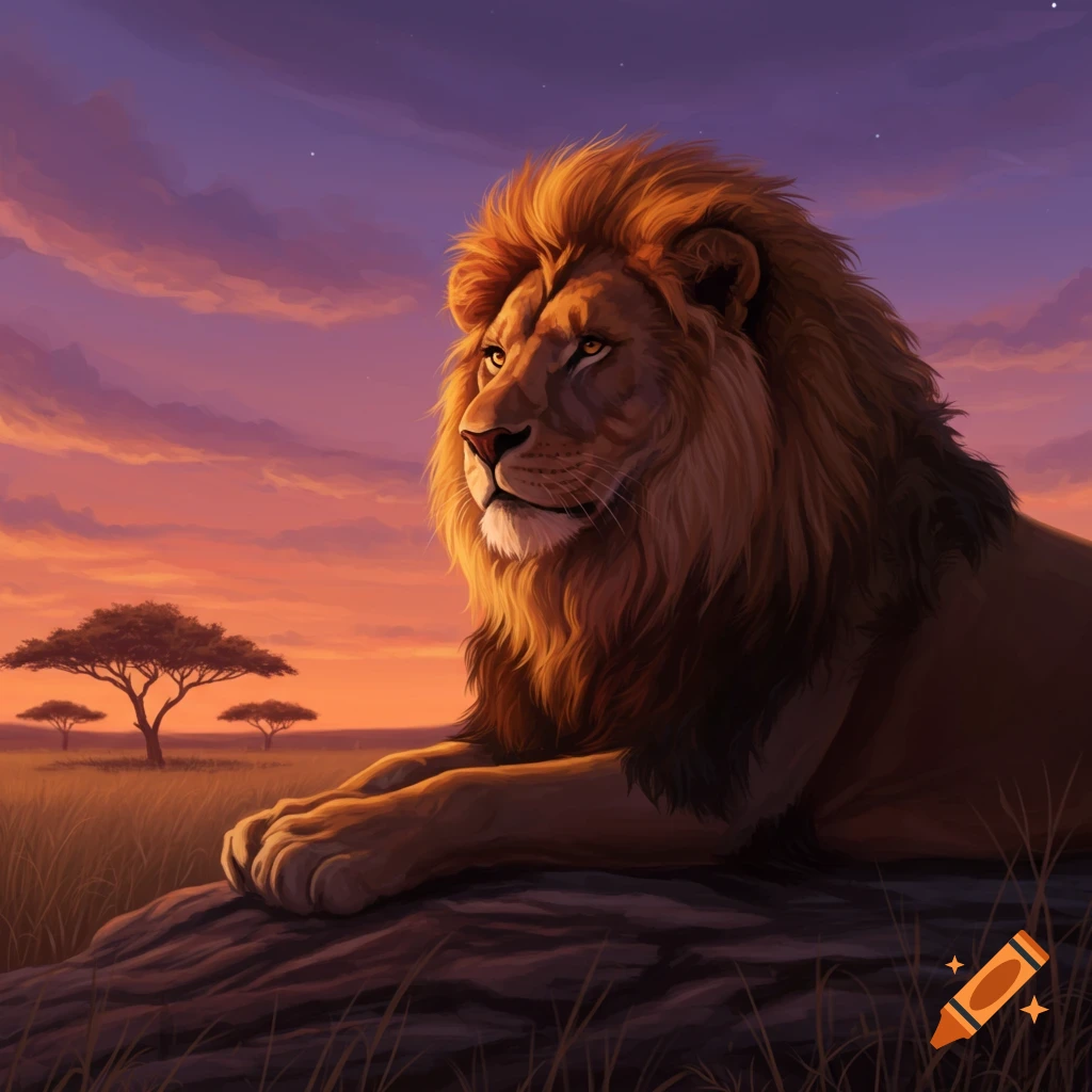 A majestic lion with a golden mane rests on a rock in a savanna at sunset, looking into the distance. The sky is a vibrant mix of purple and orange.