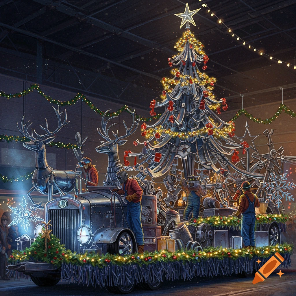 Illustrative metal Christmas parade float with robotic reindeer, a tree, and workers adding details under festive string lights.