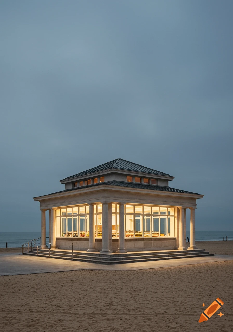 A modern pavilion building with illuminated interior stands on a sandy beach next to the ocean under a dusk sky.