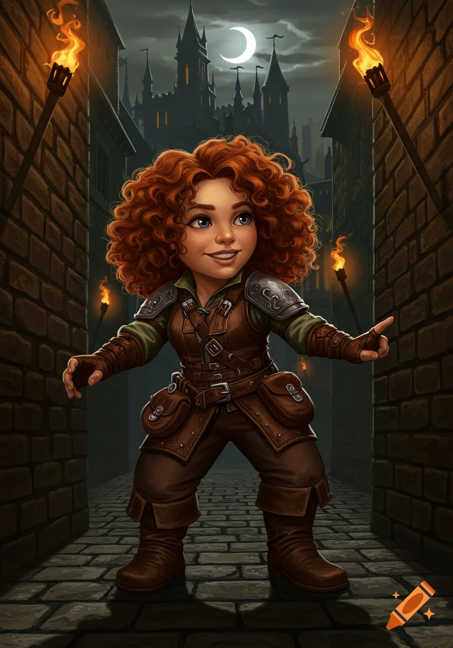 A smiling female gnome rogue with red curly hair in brown armor stands in a dark alley with torches and a castle under a crescent moon.