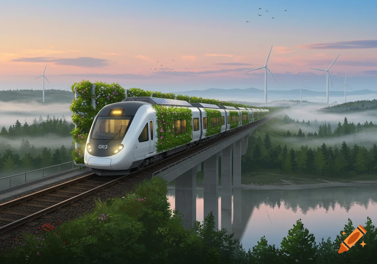 A modern train adorned with green foliage, flowers, and solar panels crosses a bridge over a river, surrounded by misty forests and wind turbines at sunset.