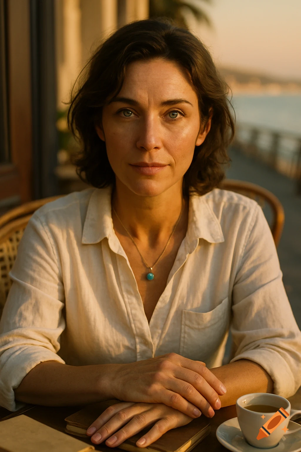 Photorealistic portrait of a woman with dark hair and a white linen shirt, sitting at a cafe during golden hour with the sea in the background.