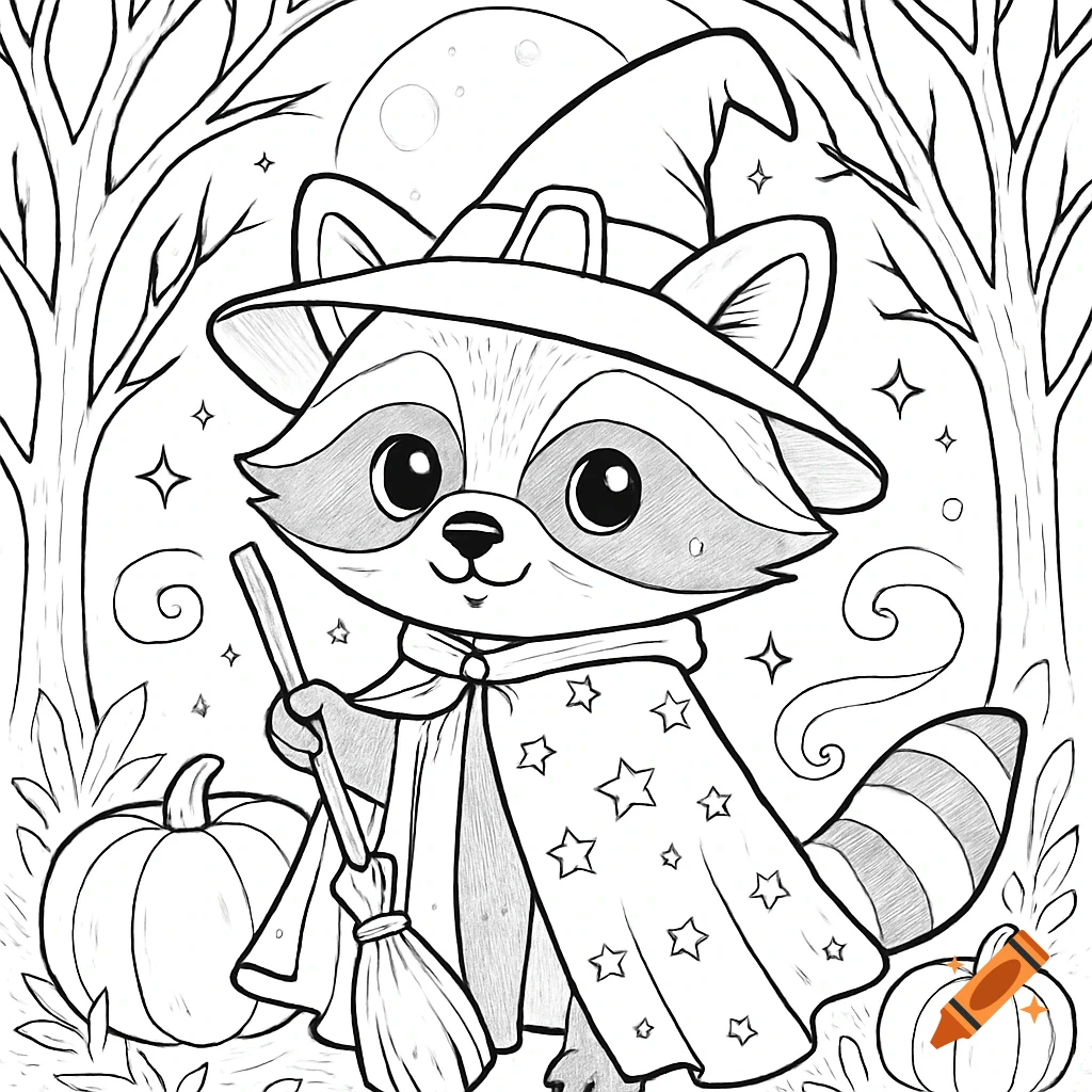 A cute raccoon witch holding a broom among pumpkins and trees under a full moon, in a black and white coloring page style.
