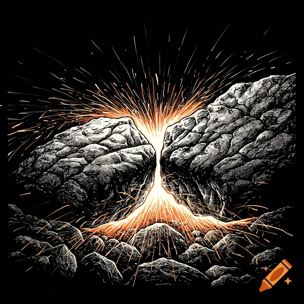 Inktober-style drawing of two large rocks colliding against a dark background, generating bright orange sparks.