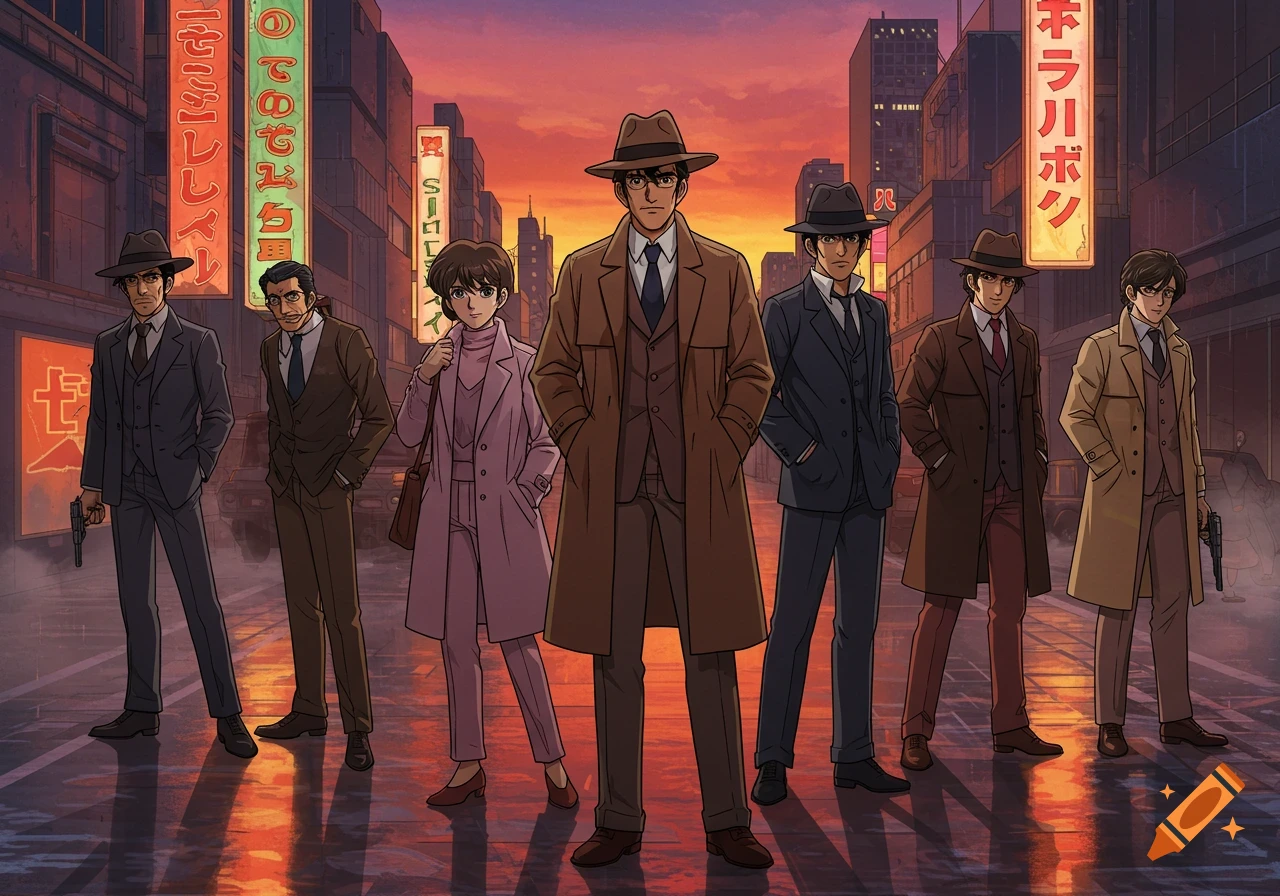 Seven anime characters in suits and trench coats, including one woman, stand on a wet city street at sunset with neon signs.