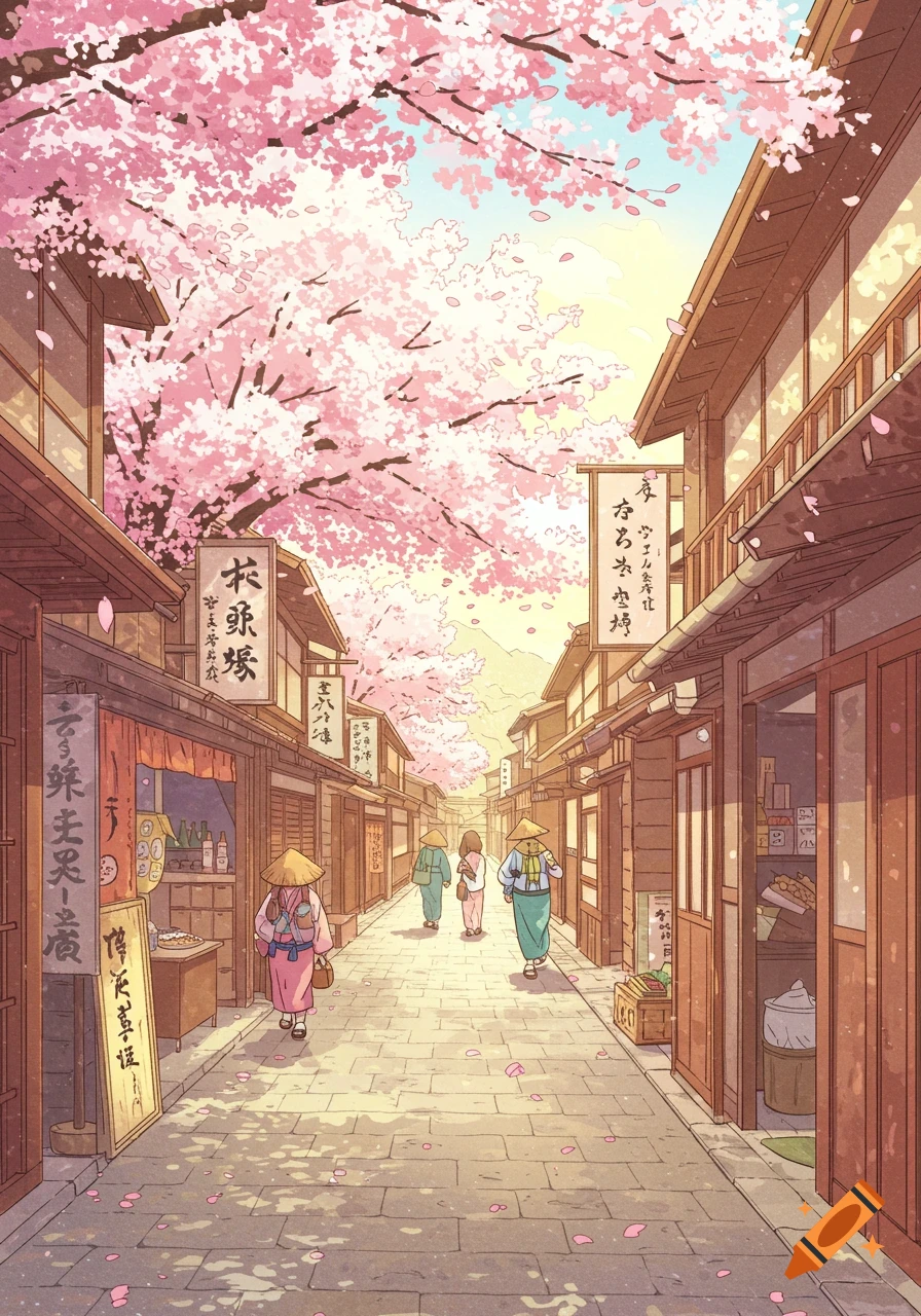 Anime-style street in a Japanese village during cherry blossom season, with people strolling past traditional shops under a sunny sky.