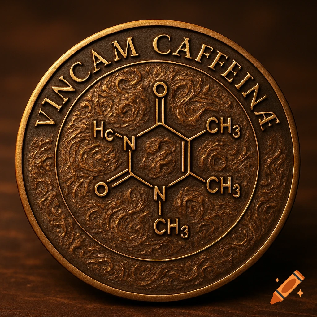 A detailed bronze coin depicting the chemical structure of caffeine surrounded by the words 'VINCAM CAFFEINA' on a textured background.