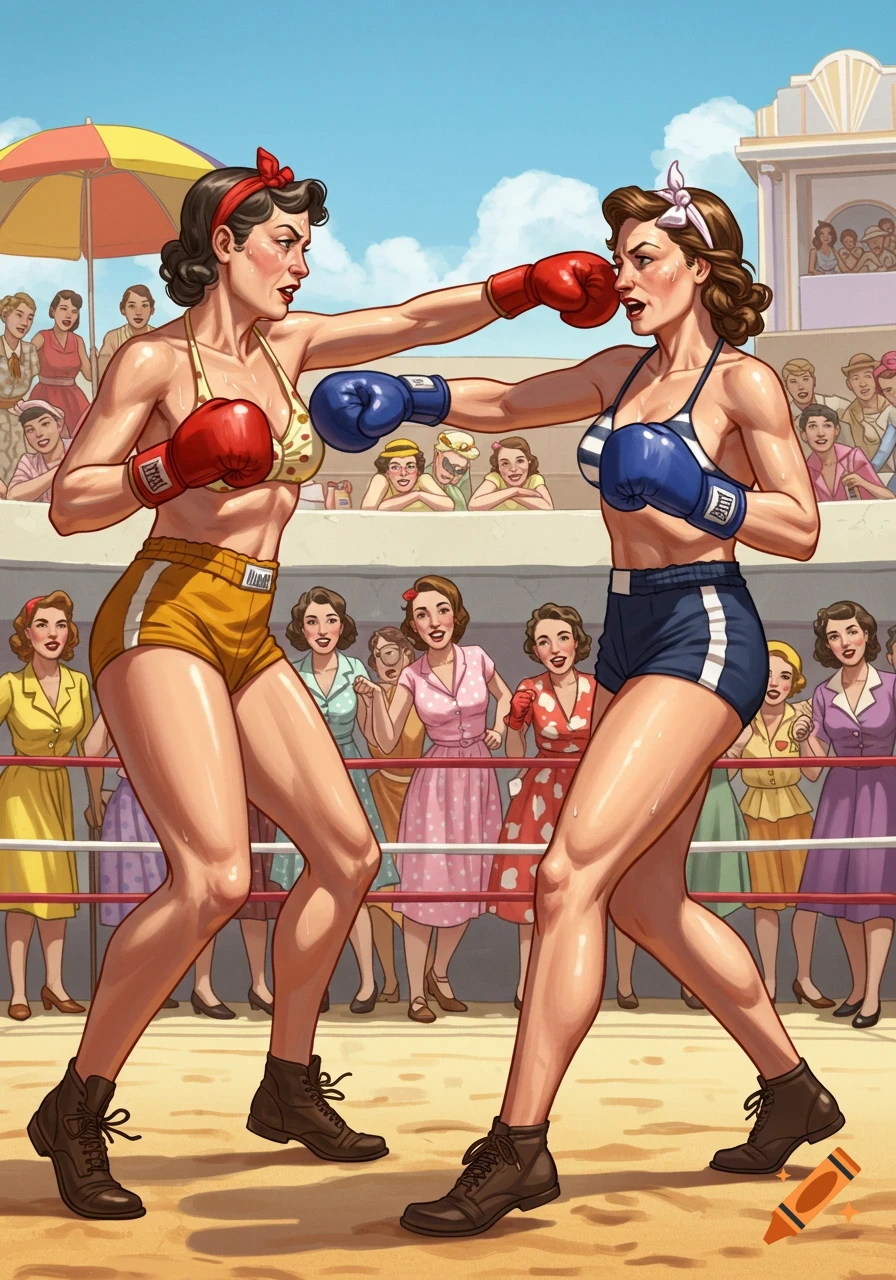 Two women box in a ring with a crowd watching, rendered in a vibrant, retro pin-up art style.