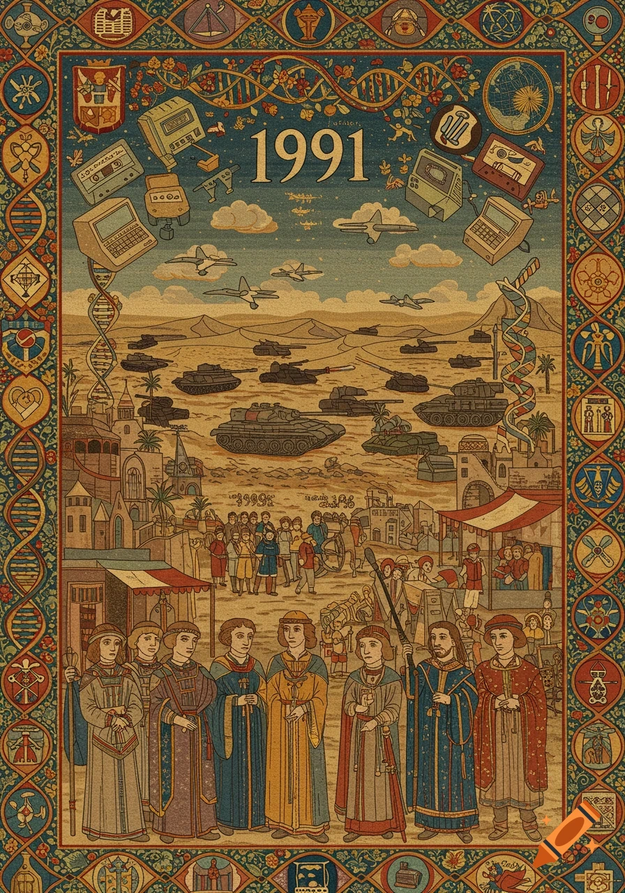 Medieval tapestry-style illustration summarizing 1991, featuring computers, tanks, airplanes, DNA strands, and historical figures.