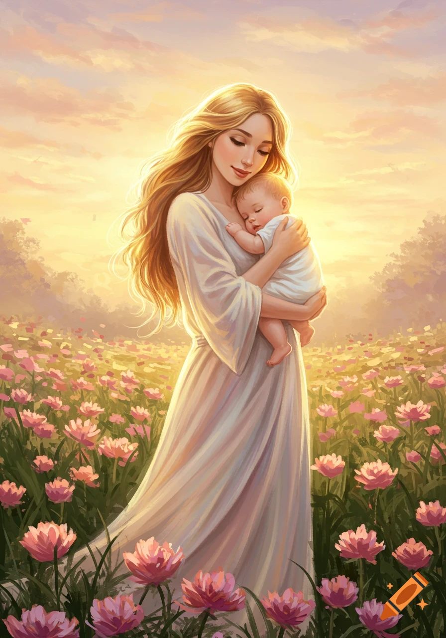 A painting of a long-haired woman in a white dress cradling a sleeping baby in a field of pink flowers at sunset.