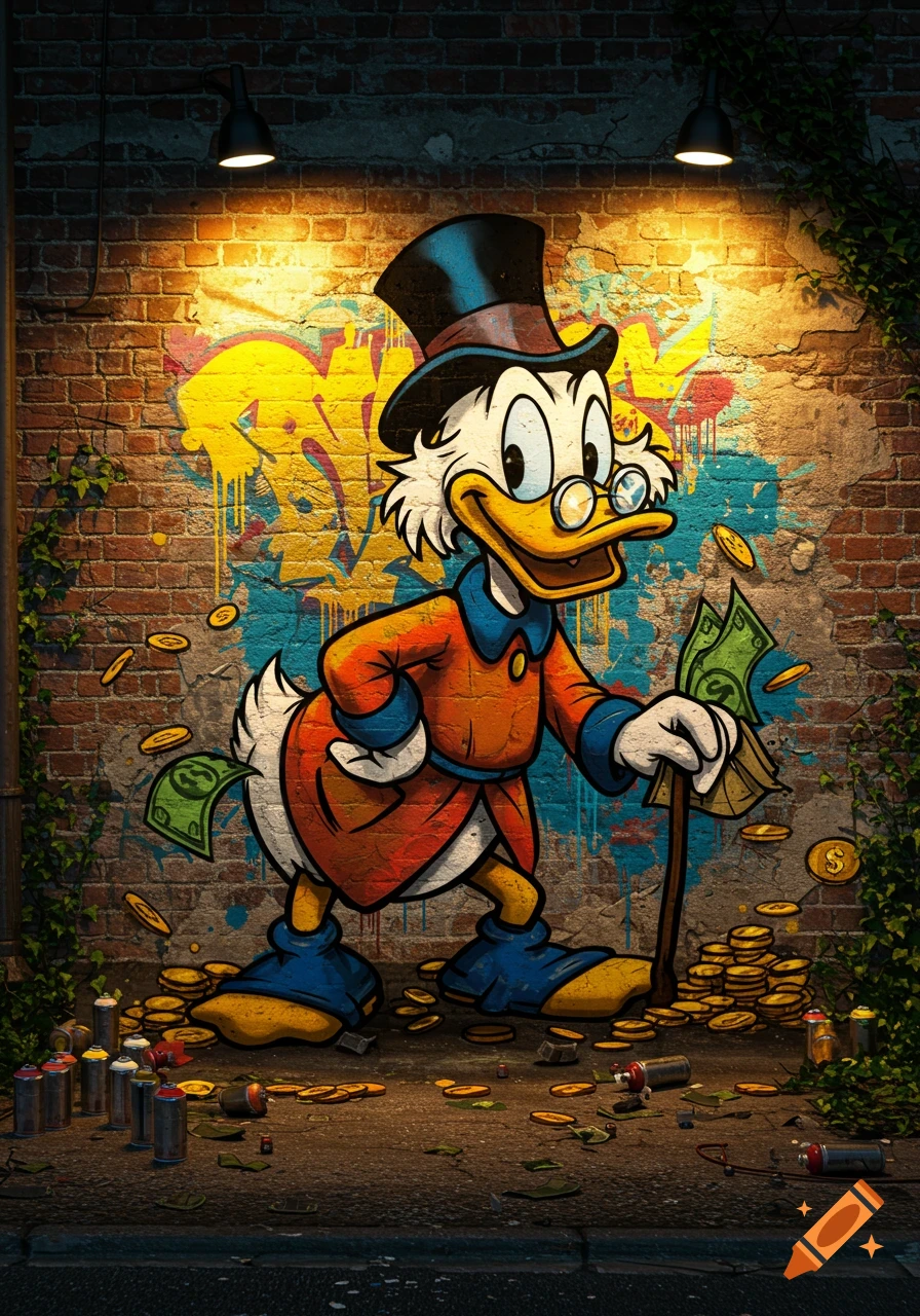 A colorful graffiti-style mural of Scrooge McDuck, wearing a top hat and coat, walking amongst scattered money and coins on a brick wall, illuminated by overhead lamps.
