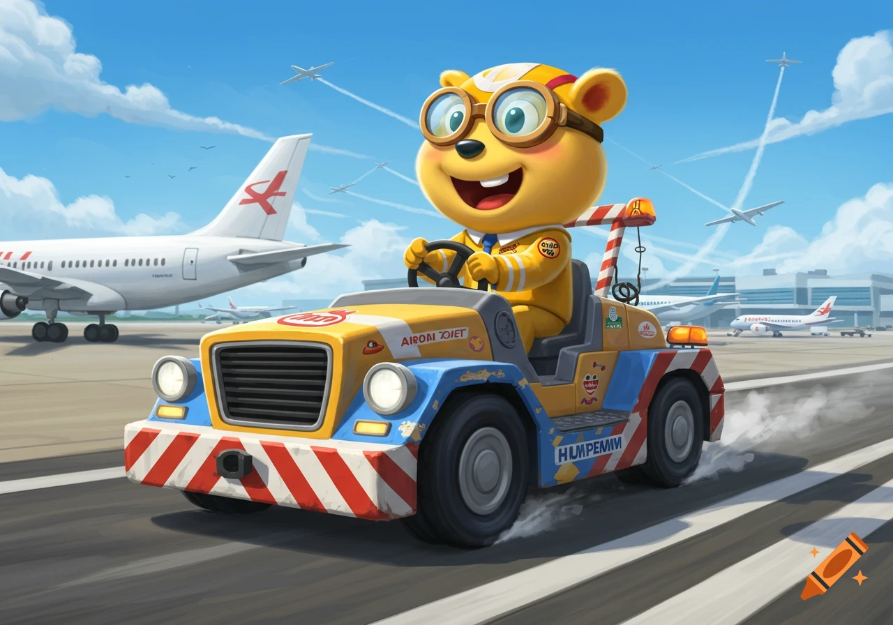 Cartoon bear in goggles and a uniform drives a yellow and blue airport tug on a runway, with airplanes in the background.