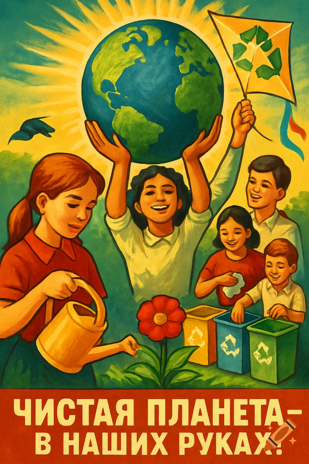 A vibrant Soviet-style poster depicts children engaged in environmental activities, holding up the Earth under a beaming sun.