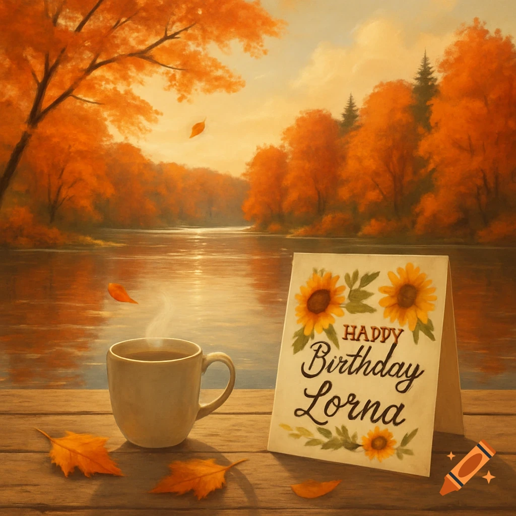 A steaming cup of tea and a "Happy Birthday Lorna" card with sunflowers sit on a wooden deck by a lake surrounded by vibrant fall trees.