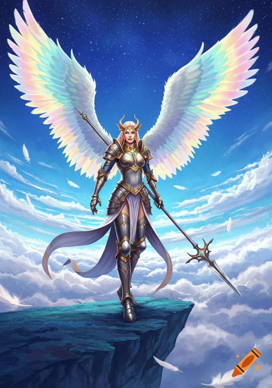 A female warrior angel with large rainbow wings and silver armor holds a spear, standing on a cliff overlooking clouds against a starry blue sky.