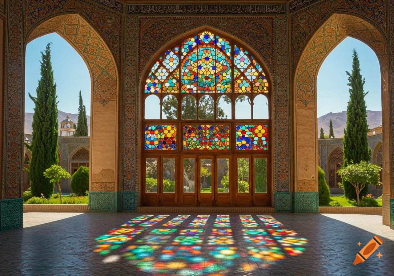 Ornate Islamic architecture with a vibrant stained glass window, casting colorful geometric light patterns on a tiled floor.