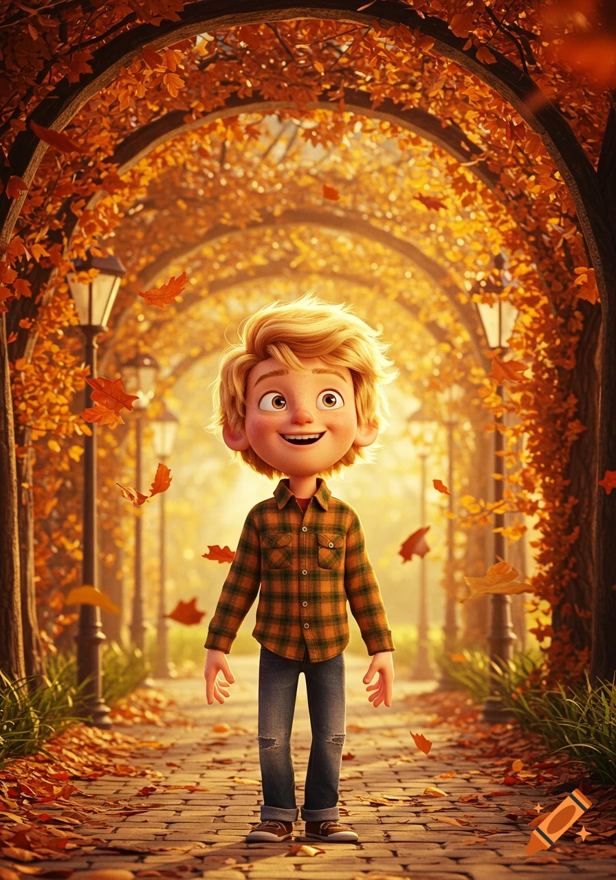 A smiling cartoon boy with blonde hair, wearing a plaid shirt and jeans, stands on a cobblestone path lined with arching trees full of golden autumn leaves.
