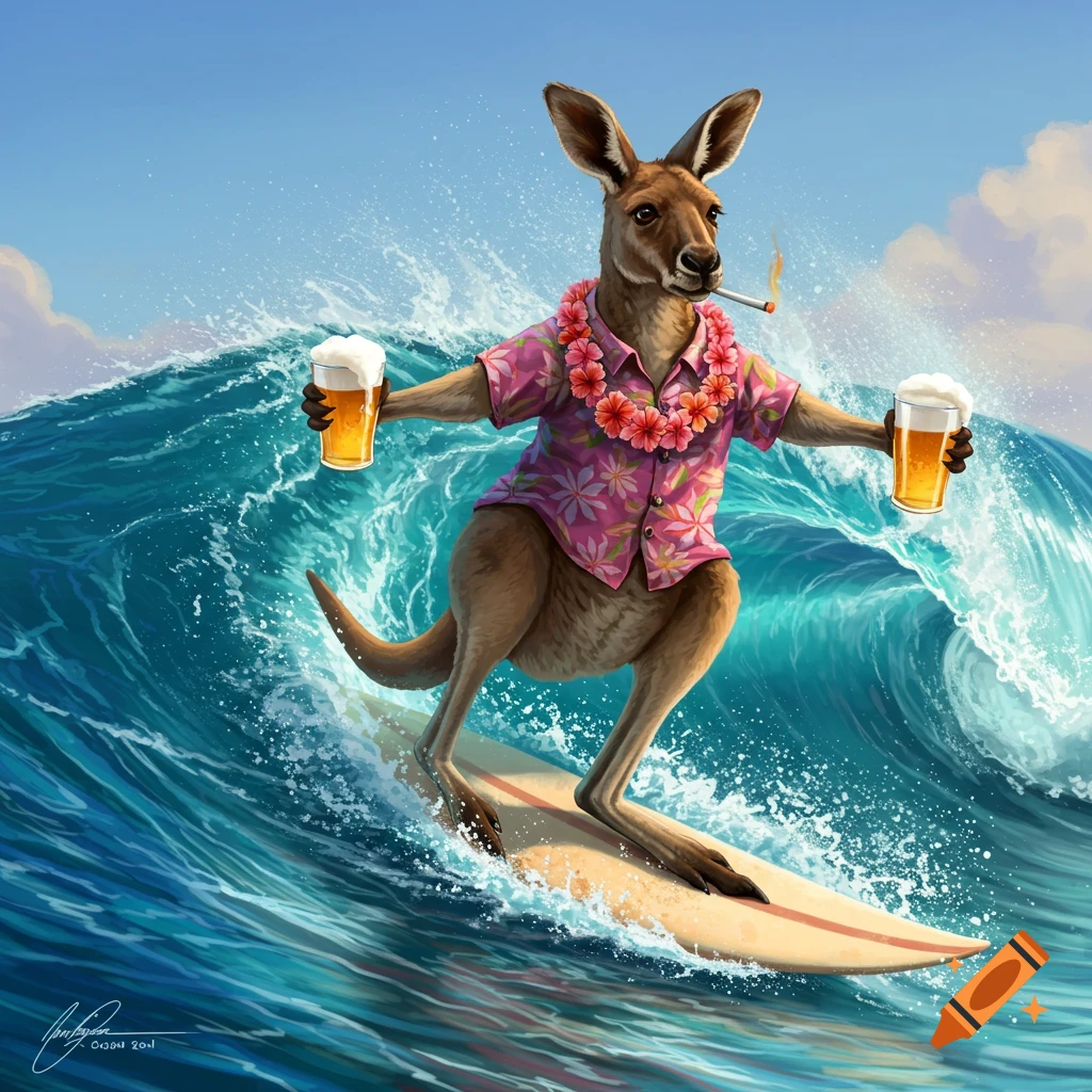 An anthropomorphic kangaroo in a Hawaiian shirt and lei surfs a wave, holding beers and smoking a cigarette in an illustrative style.
