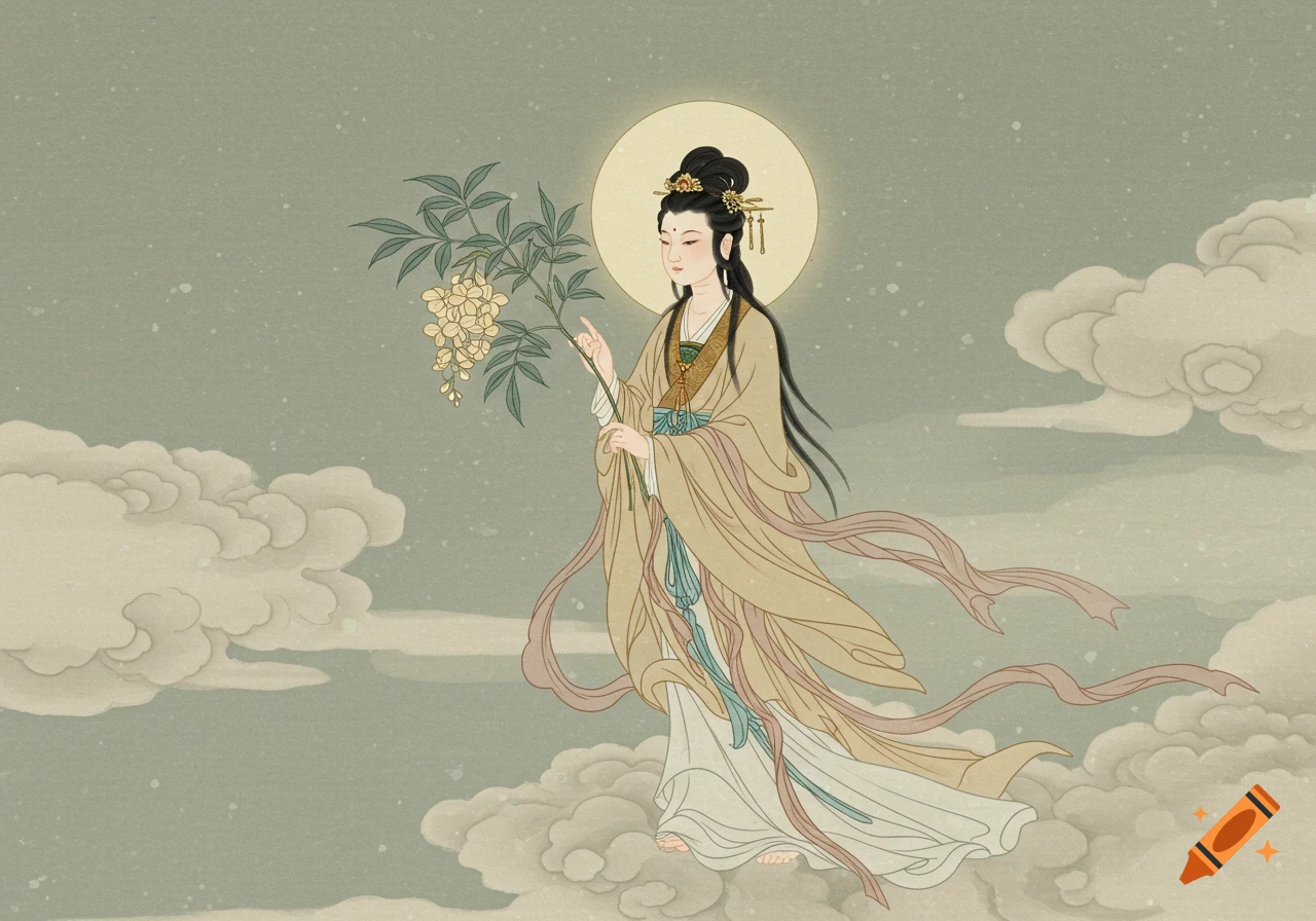 A serene Chinese moon goddess, Chang E, in traditional robes, holds a cassia branch amidst clouds, in a Ming dynasty painting style.