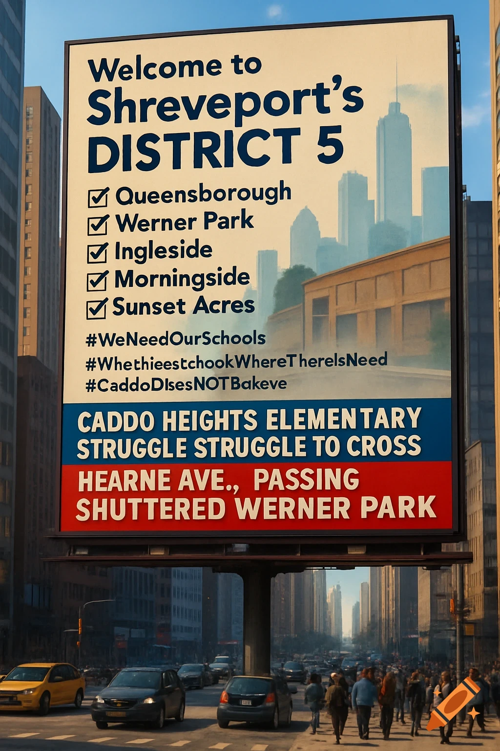 A large billboard in a busy city center displaying "Welcome to Shreveport's District 5" and bulleted neighborhood names, with traffic and pedestrians below.