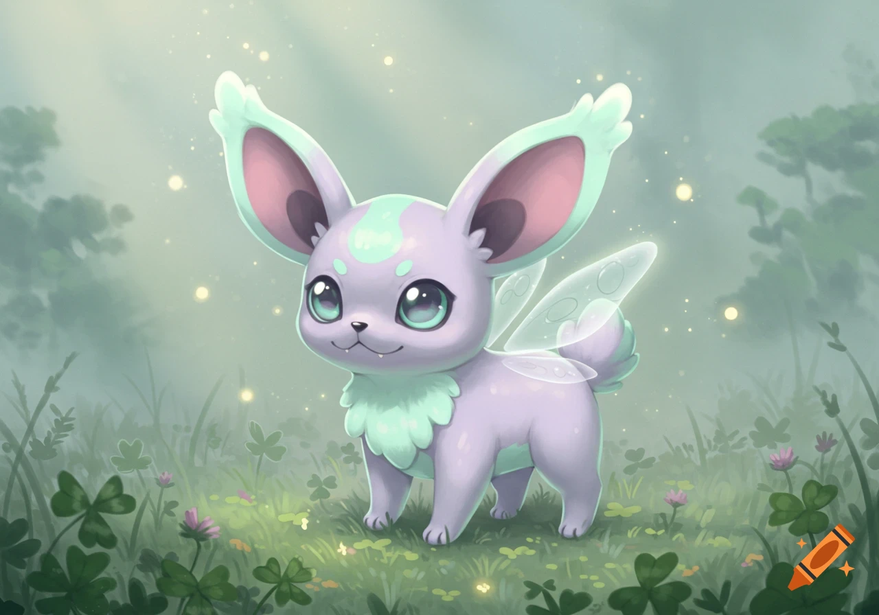 A cute lavender and mint green fairy-like creature with large ears and translucent wings stands in a grassy field with clover and glowing dust.