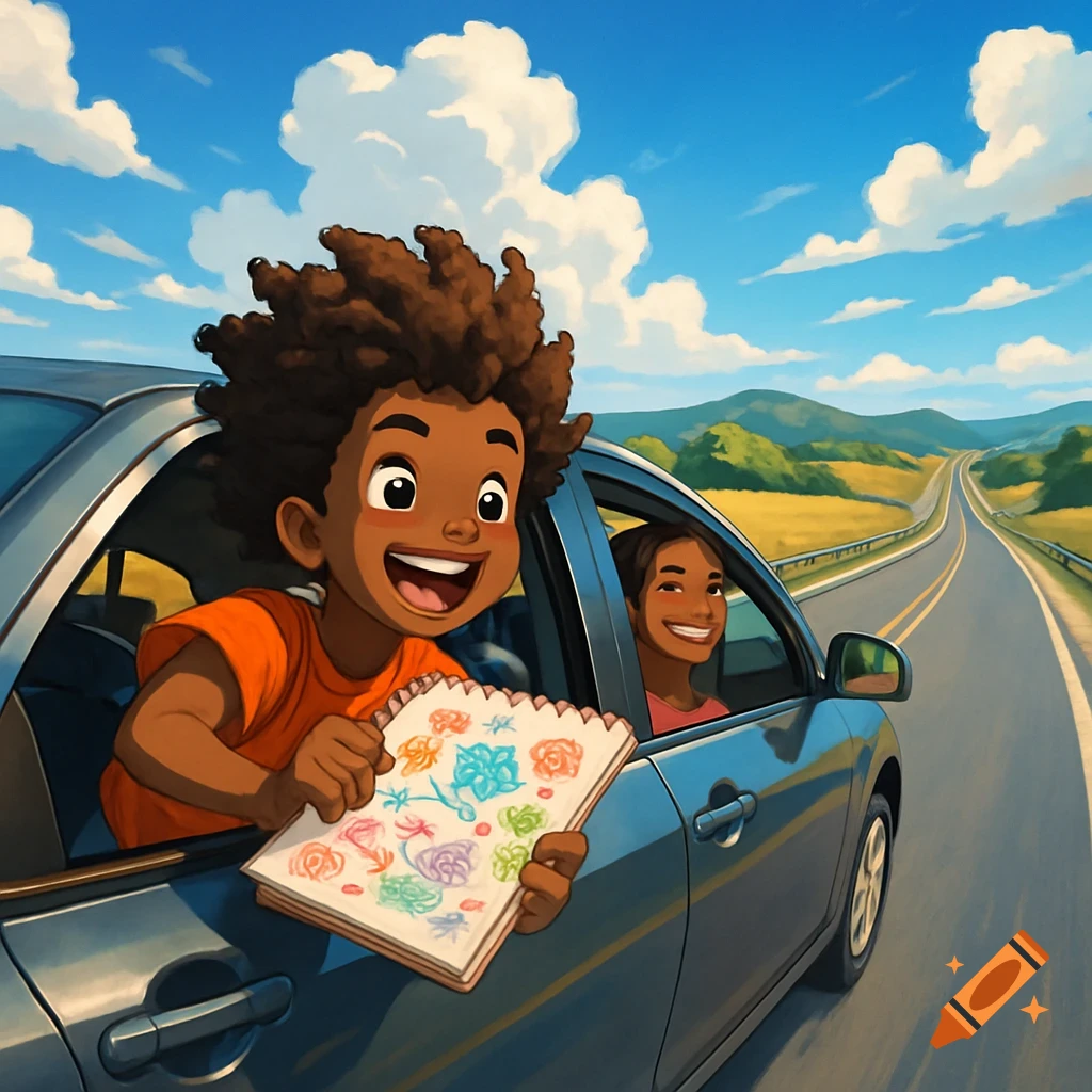 An anime-style African American boy with bushy hair leans out a car window, holding a sketchbook, as his mom drives on a sunny highway.