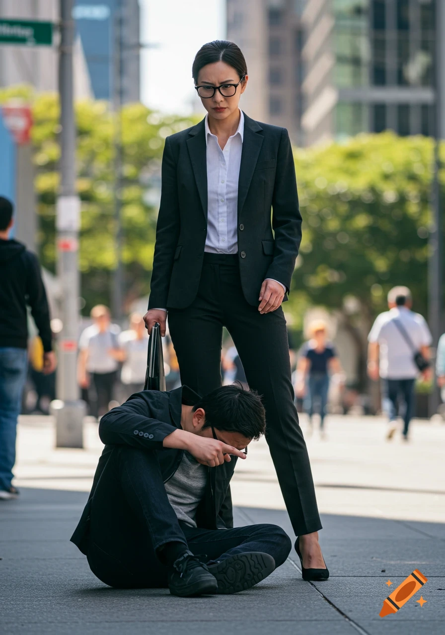 A stern woman in a business suit stands over a distressed man sitting on a city street, photorealistic.
