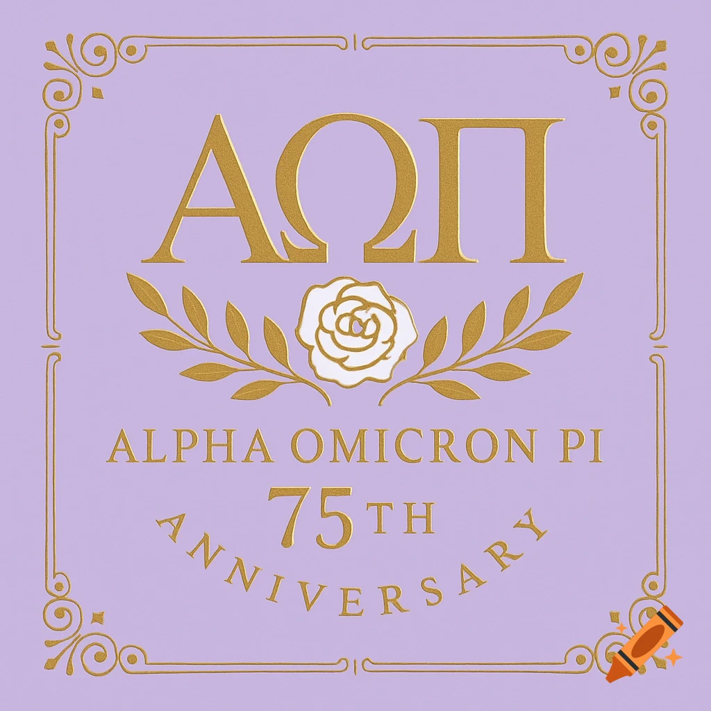 Golden Alpha Omicron Pi 75th Anniversary logo with Greek letters, text, a white rose, and laurel leaves on a lavender background.
