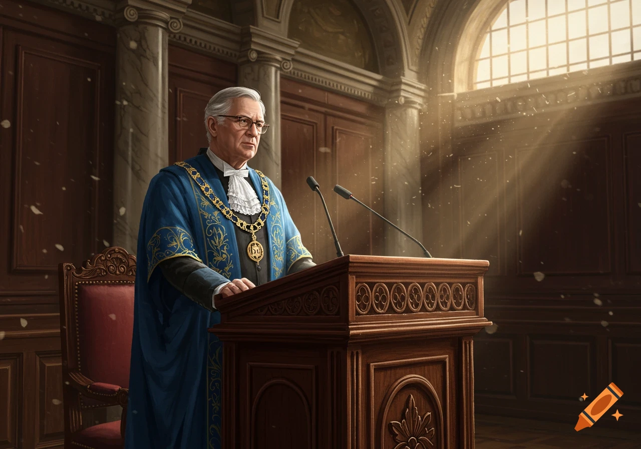 A distinguished man in a blue ceremonial robe speaks at a wooden podium in a grand hall, with sunlight filtering in.