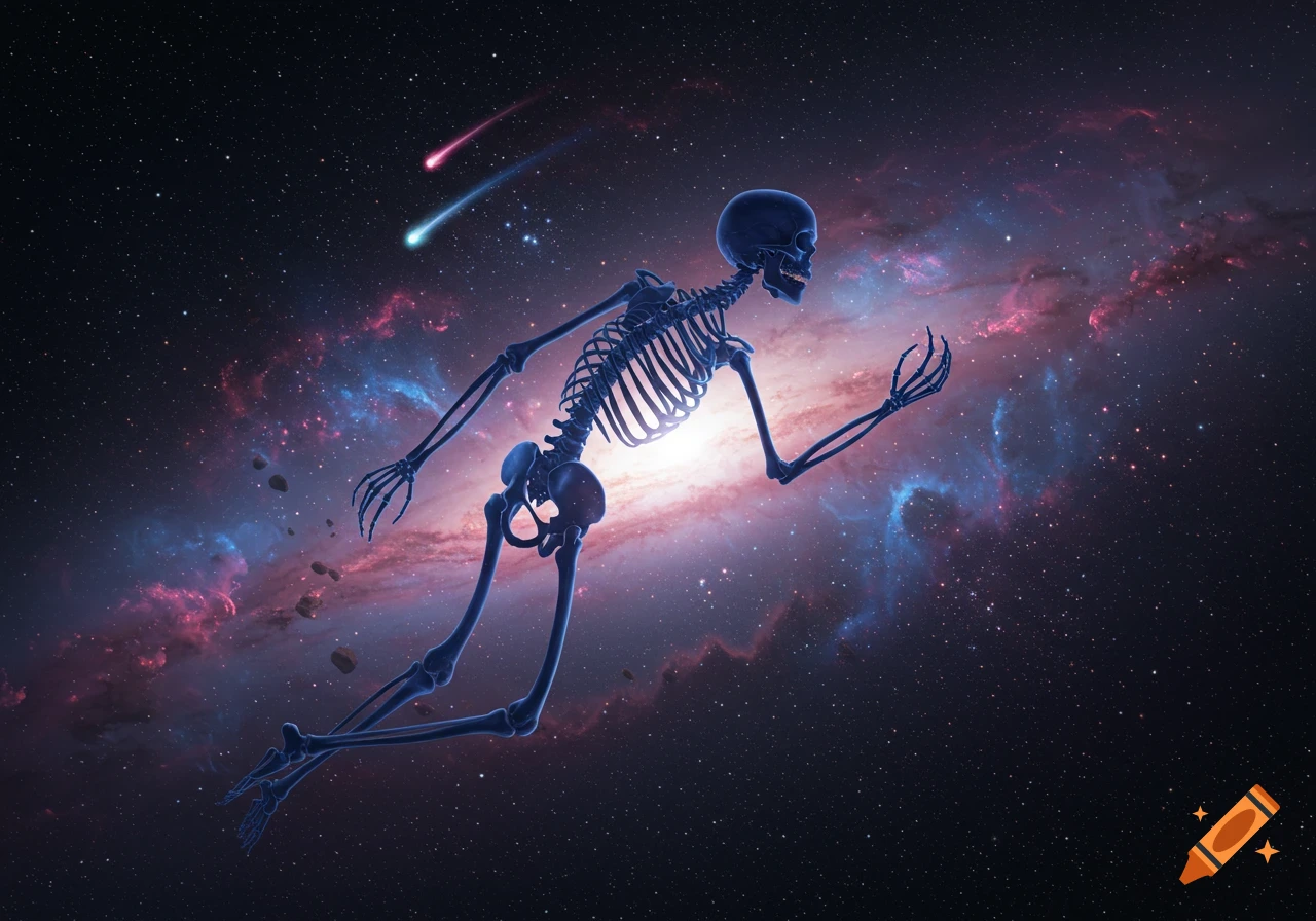 A dark blue skeleton floats through deep space with a colorful nebula, twinkling stars, and two glowing meteors.