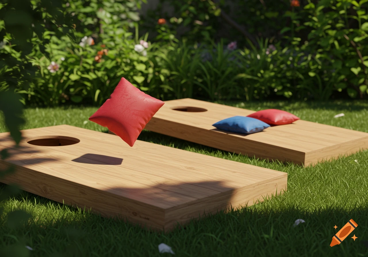 A red cornhole bag in mid-air above a wooden cornhole board on a grassy lawn, with another board and bags in the background.