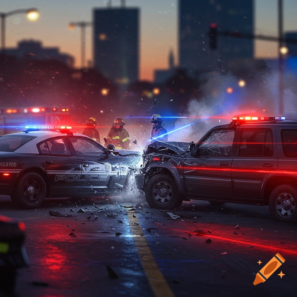 Photorealistic image of a police car and an SUV crashed head-on, surrounded by flashing emergency lights and debris, with firefighters in the background at dusk.