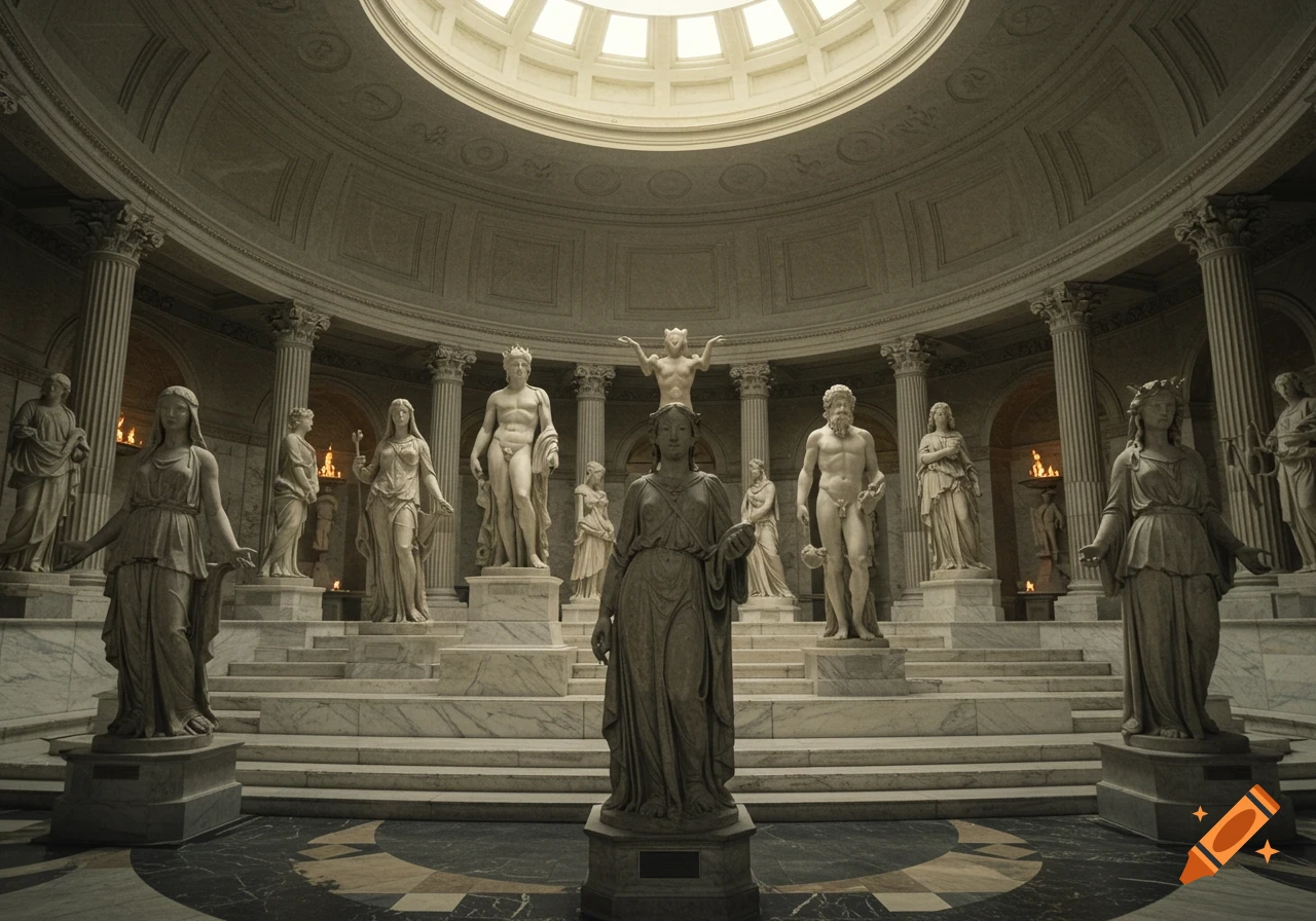A grand, circular marble Pantheon interior with numerous classical statues arranged on ascending tiers, lit by a central skylight and torchlight.