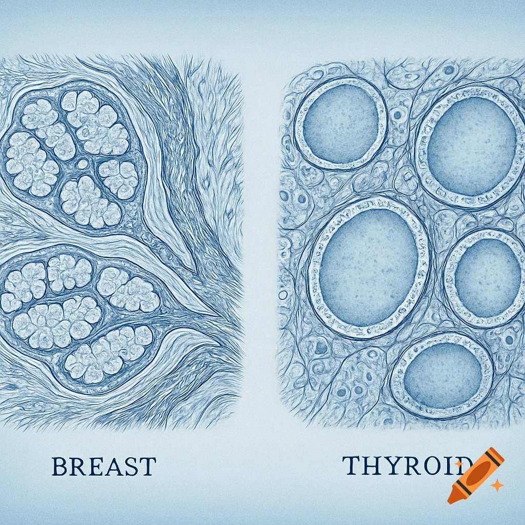 Scientific illustration in blue tones showing two panels: breast tissue with lobules and thyroid tissue with follicles.