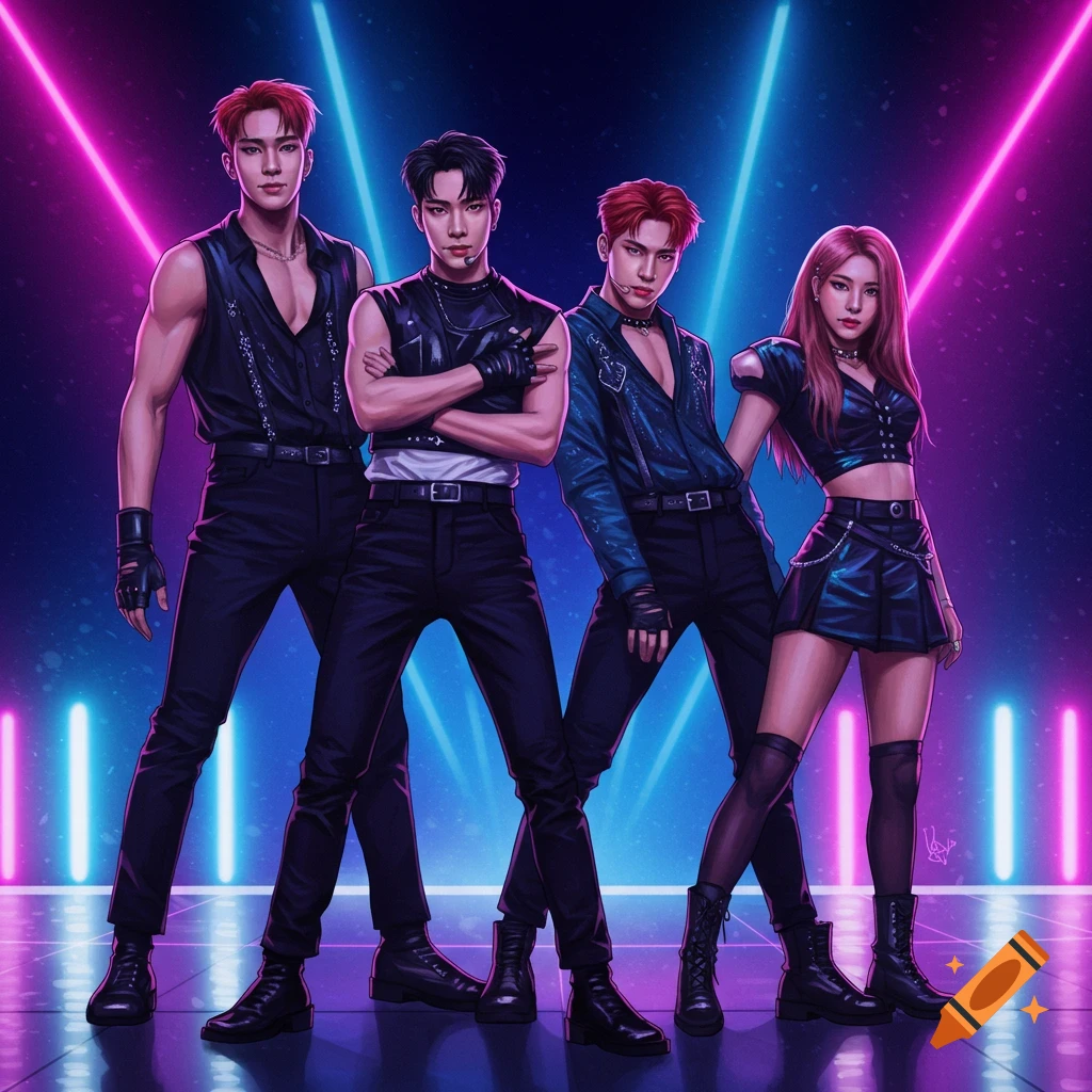 An illustrated K-pop group of three men and one woman in stage outfits, posing against a backdrop of neon lights.