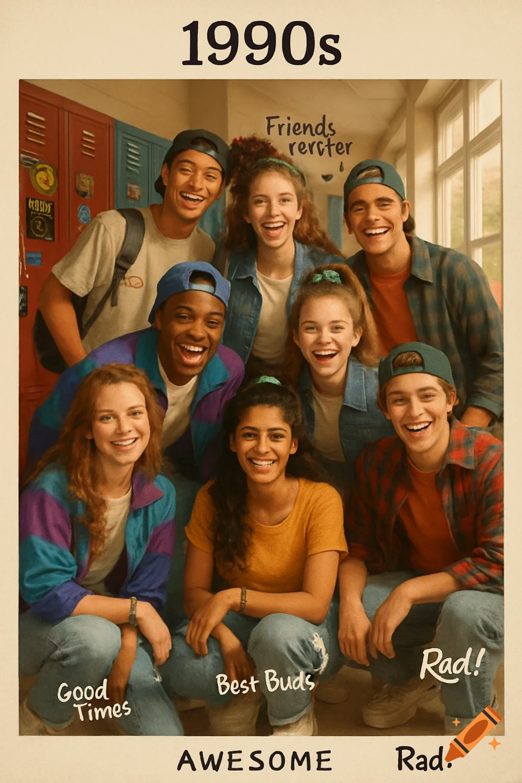 A group of diverse teenagers in 90s fashion smile and laugh together in a school hallway, like a yearbook photo, with era-appropriate text.