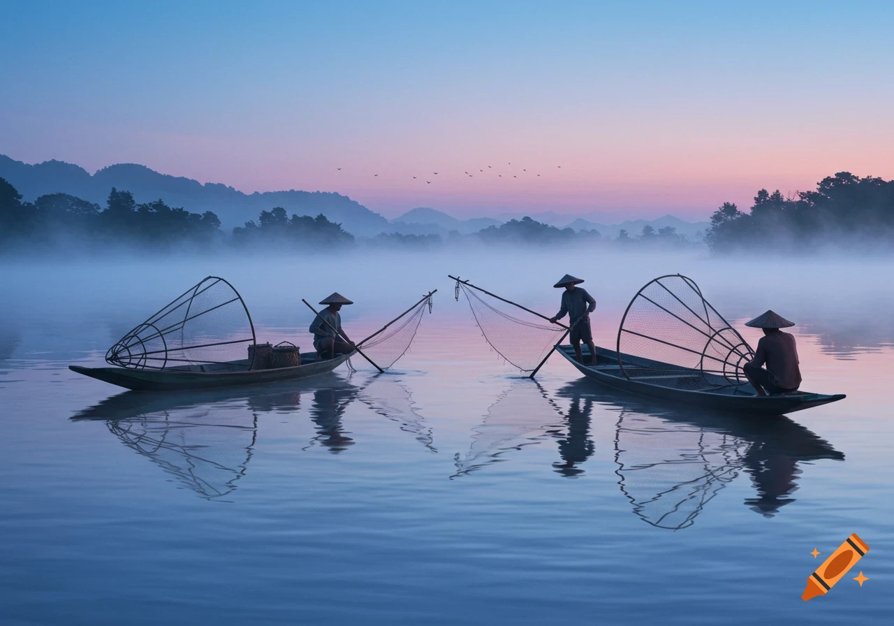 Photorealistic image of artisanal fishermen on small boats casting nets in a misty lake at sunrise with mountains in the background.