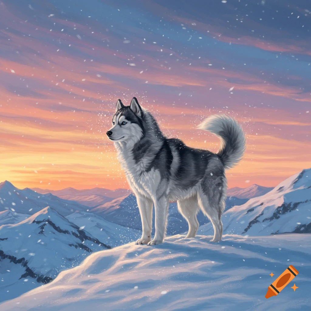 A proud husky stands on a snowy mountain peak at sunset with falling ...